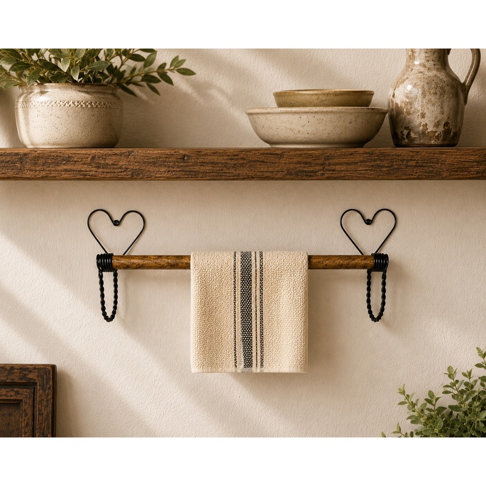 Rustic Heart Wrought Iron and Wood Wall Mounted Towel Rack Farmhouse Decor‎